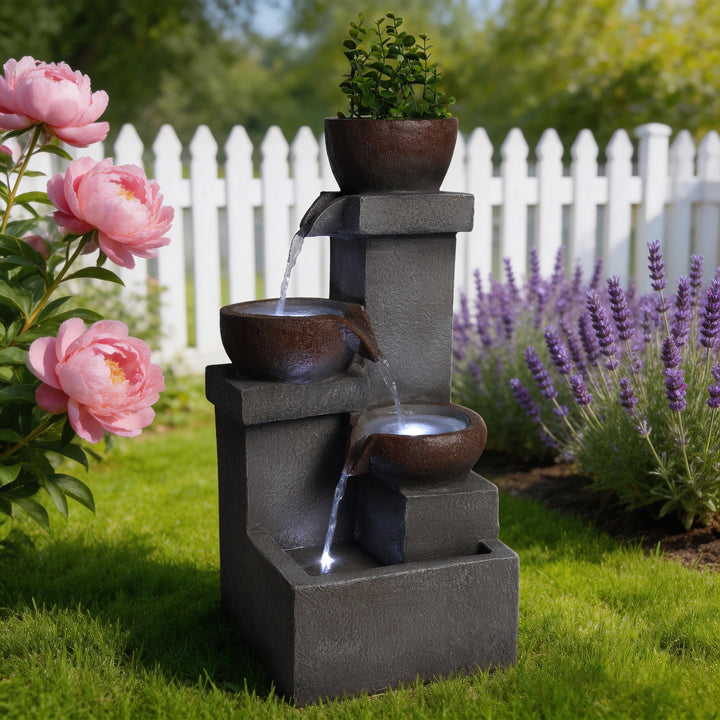 Outdoor Tiered Water Fountain Cascading Jar with LED Garden Decor