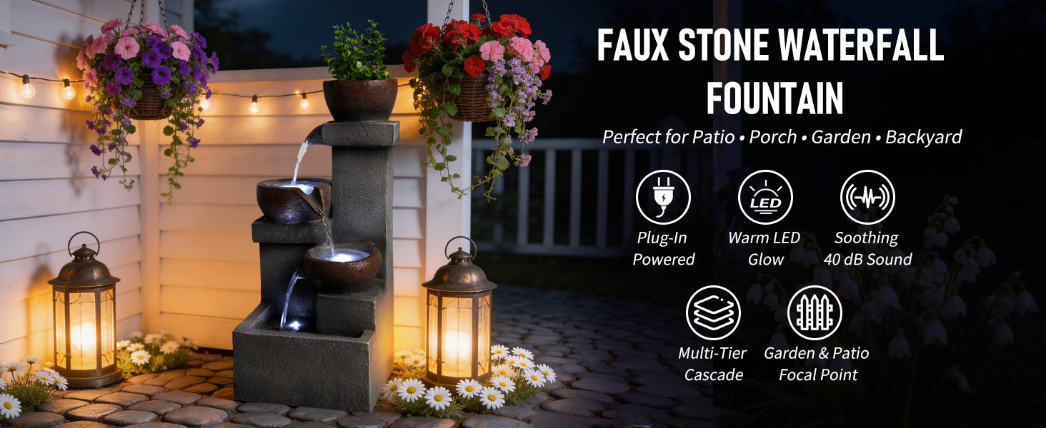 Outdoor Tiered Water Fountain Cascading Jar with LED Garden Decor