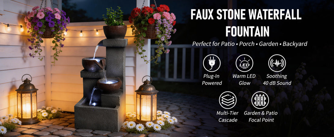Outdoor Tiered Water Fountain Cascading Jar with LED Garden Decor