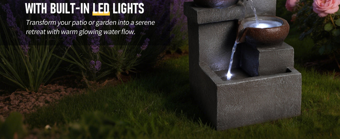 Outdoor Tiered Water Fountain Cascading Jar with LED Garden Decor