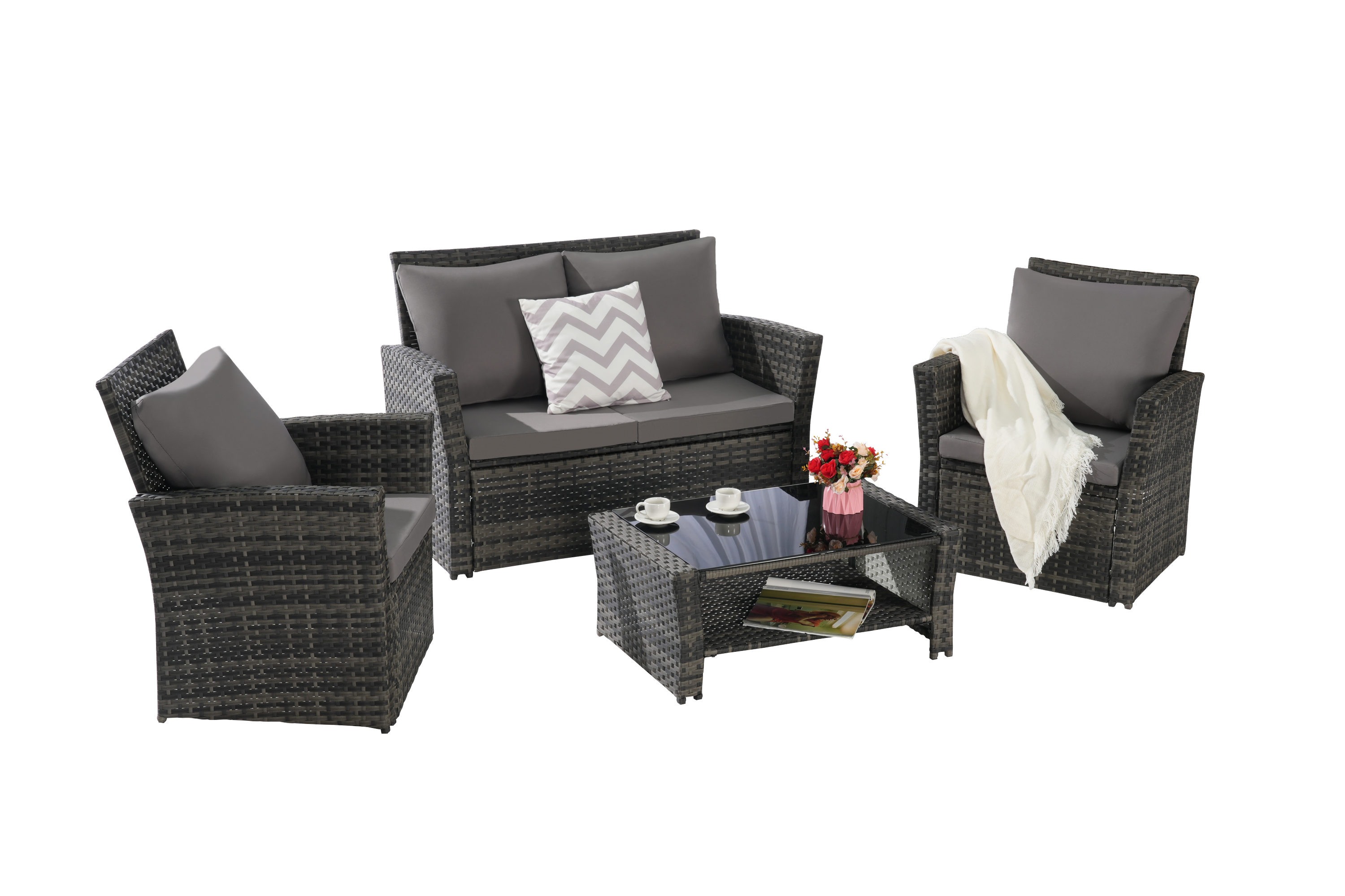 4 Pieces Outdoor Patio Furniture Sets Garden Rattan Chair Wicker Set