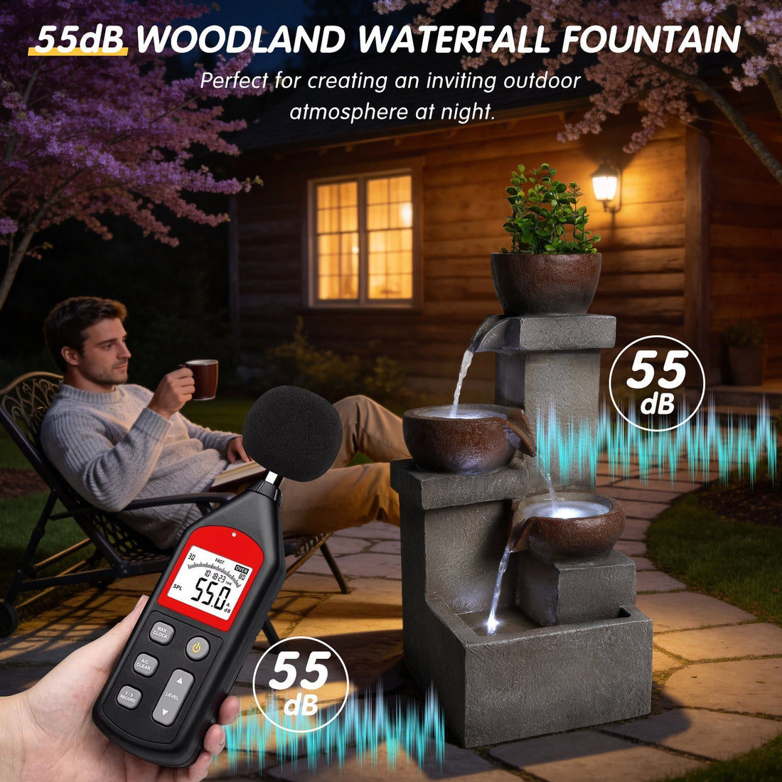 Outdoor Tiered Water Fountain Cascading Jar with LED Garden Decor
