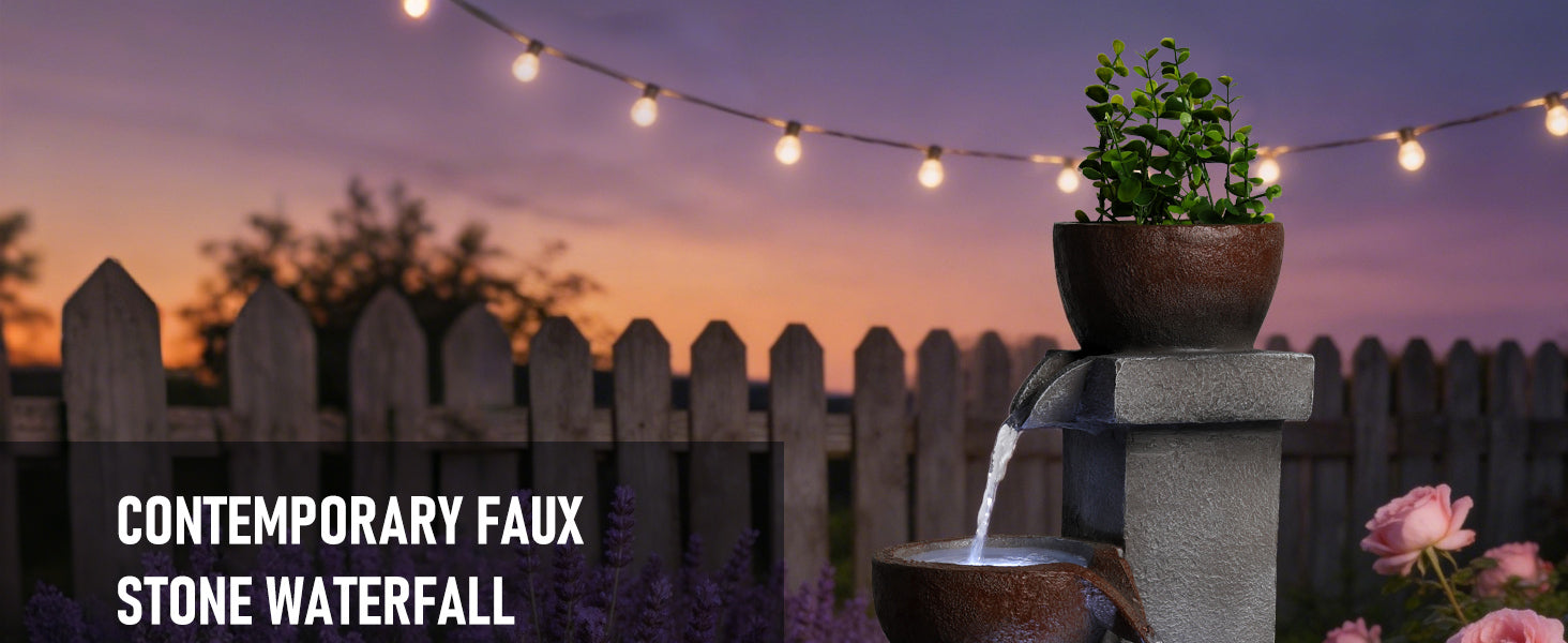 Outdoor Tiered Water Fountain Cascading Jar with LED Garden Decor
