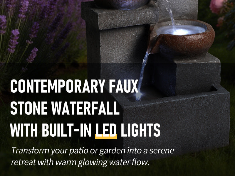 Outdoor Tiered Water Fountain Cascading Jar with LED Garden Decor