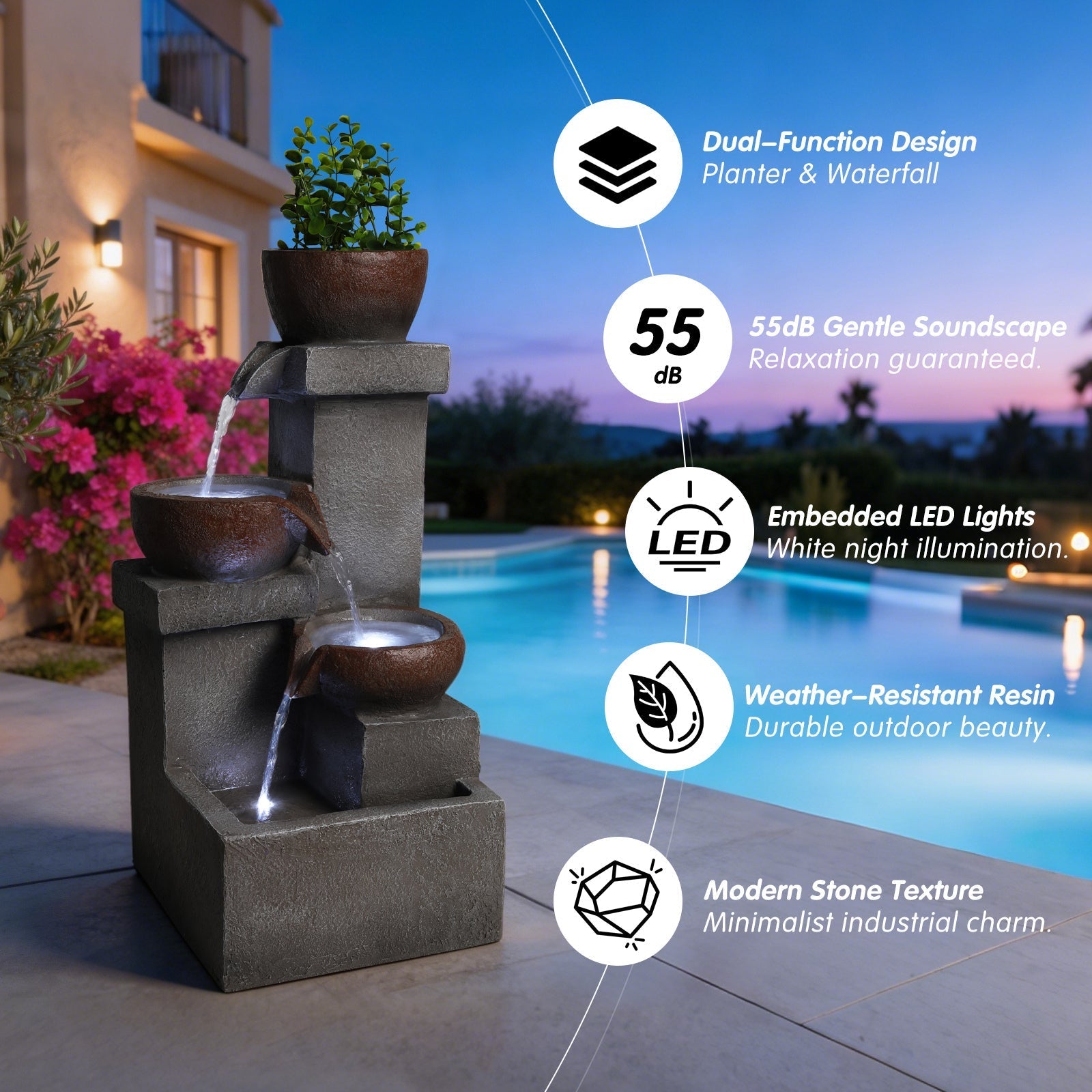 Outdoor Tiered Water Fountain Cascading Jar with LED Garden Decor