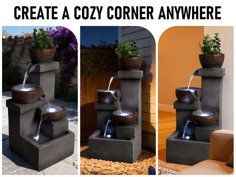 Outdoor Tiered Water Fountain Cascading Jar with LED Garden Decor
