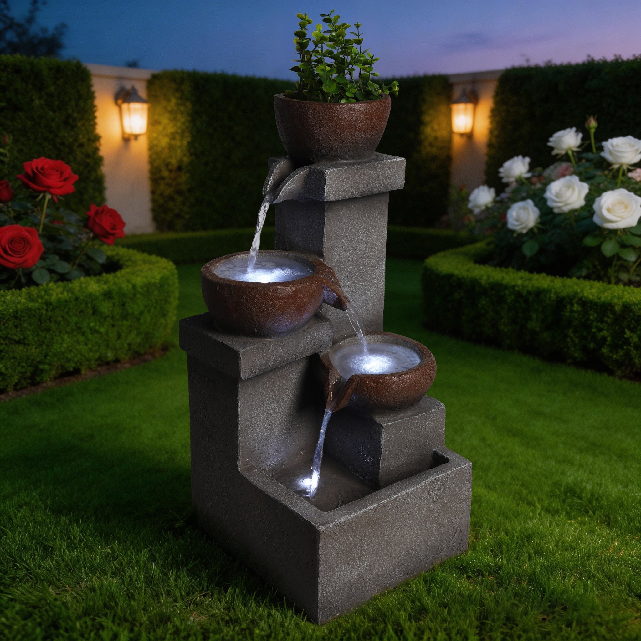 Outdoor Tiered Water Fountain Cascading Jar with LED Garden Decor