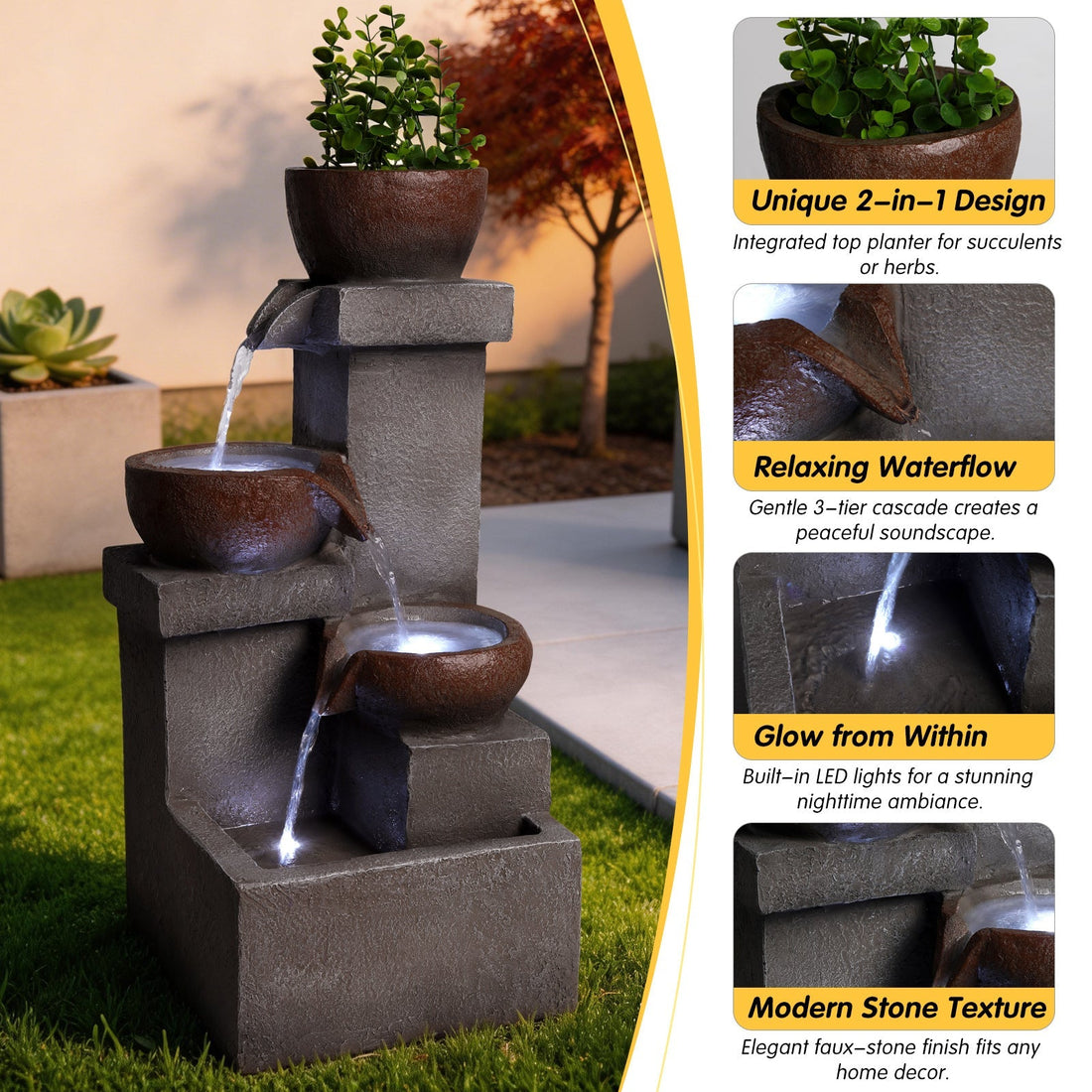 Outdoor Tiered Water Fountain Cascading Jar with LED Garden Decor