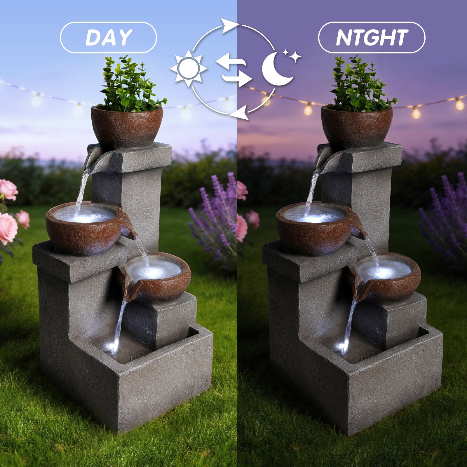 Outdoor Tiered Water Fountain Cascading Jar with LED Garden Decor