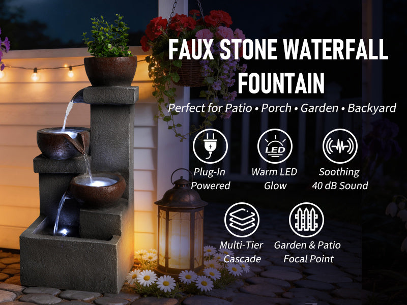 Outdoor Tiered Water Fountain Cascading Jar with LED Garden Decor