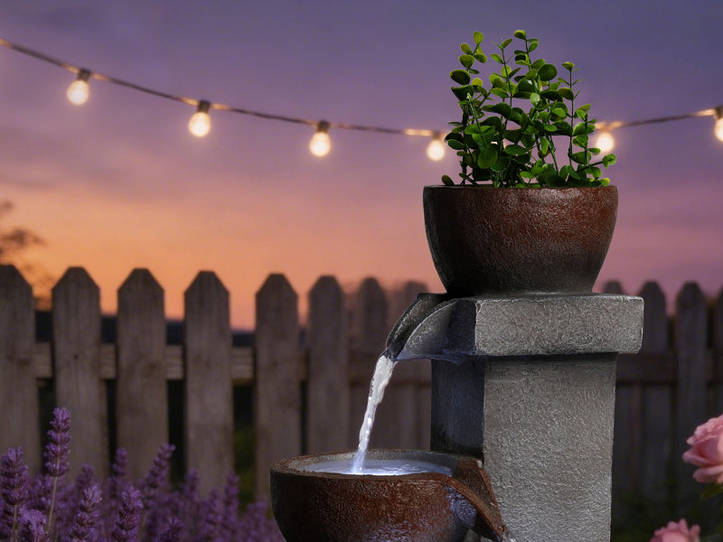 Outdoor Tiered Water Fountain Cascading Jar with LED Garden Decor