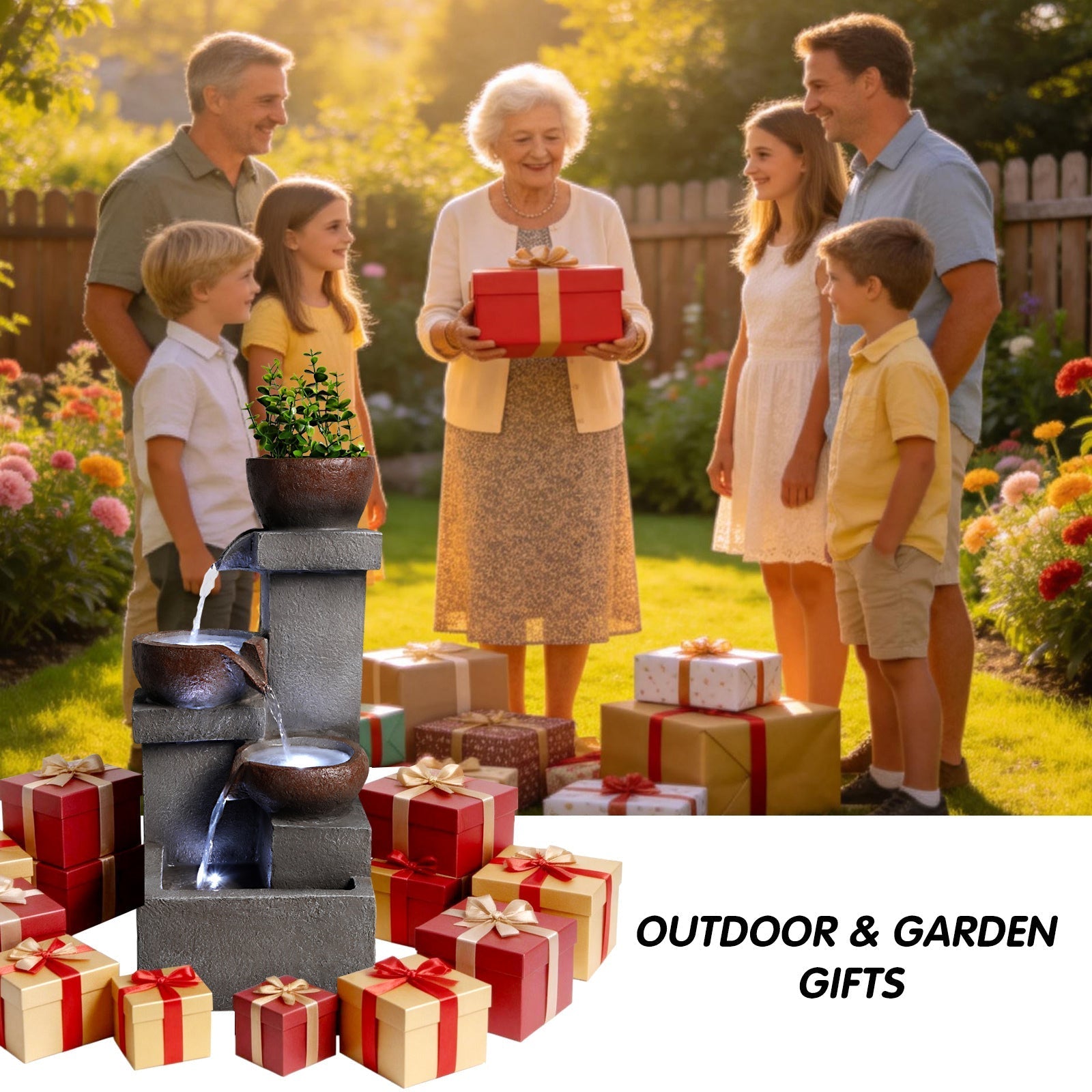 Outdoor Tiered Water Fountain Cascading Jar with LED Garden Decor