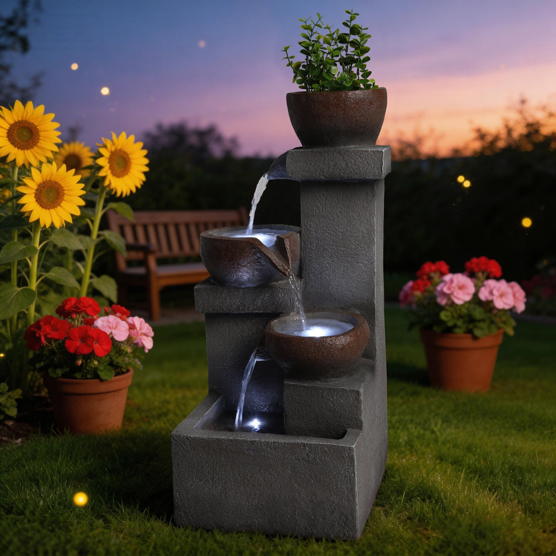 Outdoor Tiered Water Fountain Cascading Jar with LED Garden Decor