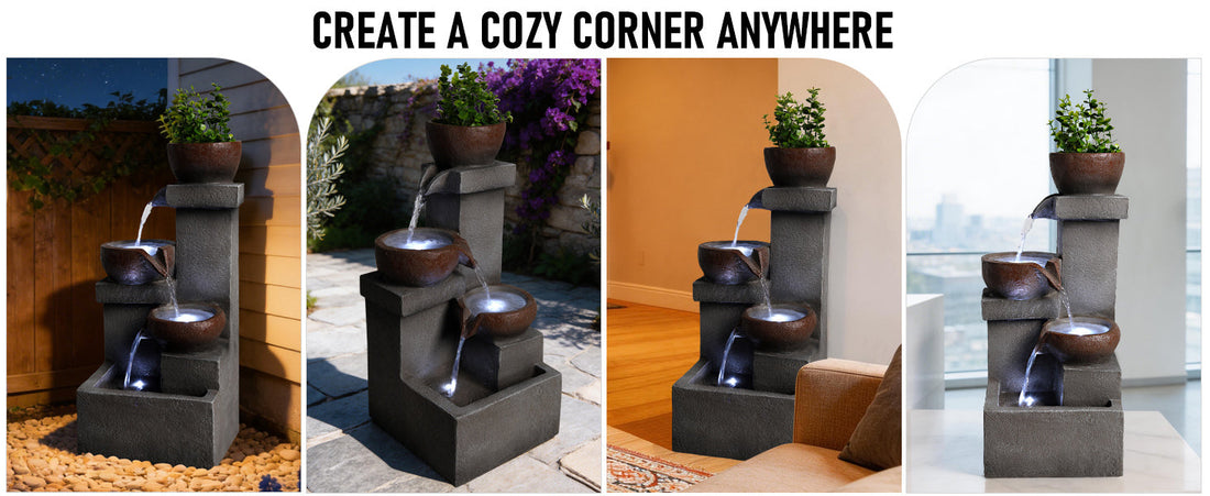 Outdoor Tiered Water Fountain Cascading Jar with LED Garden Decor