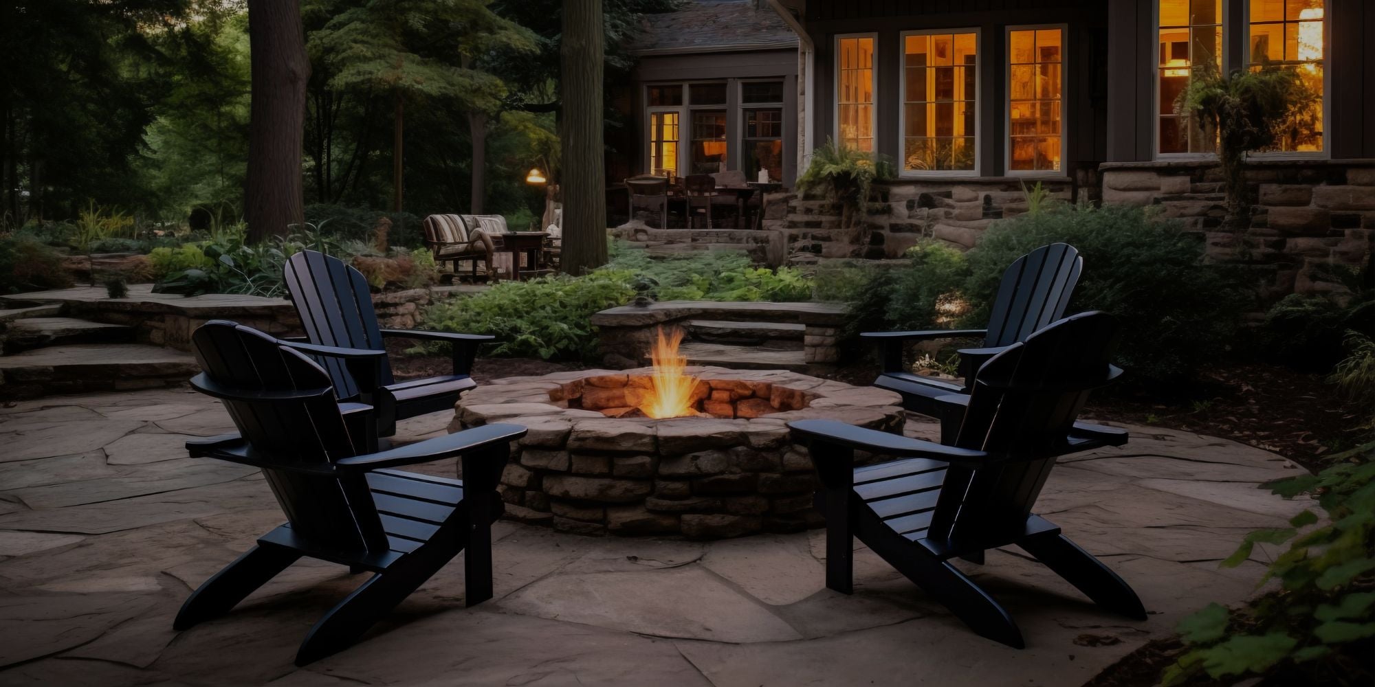 Outdoor patio with fire pit and Adirondack chairs at dusk.