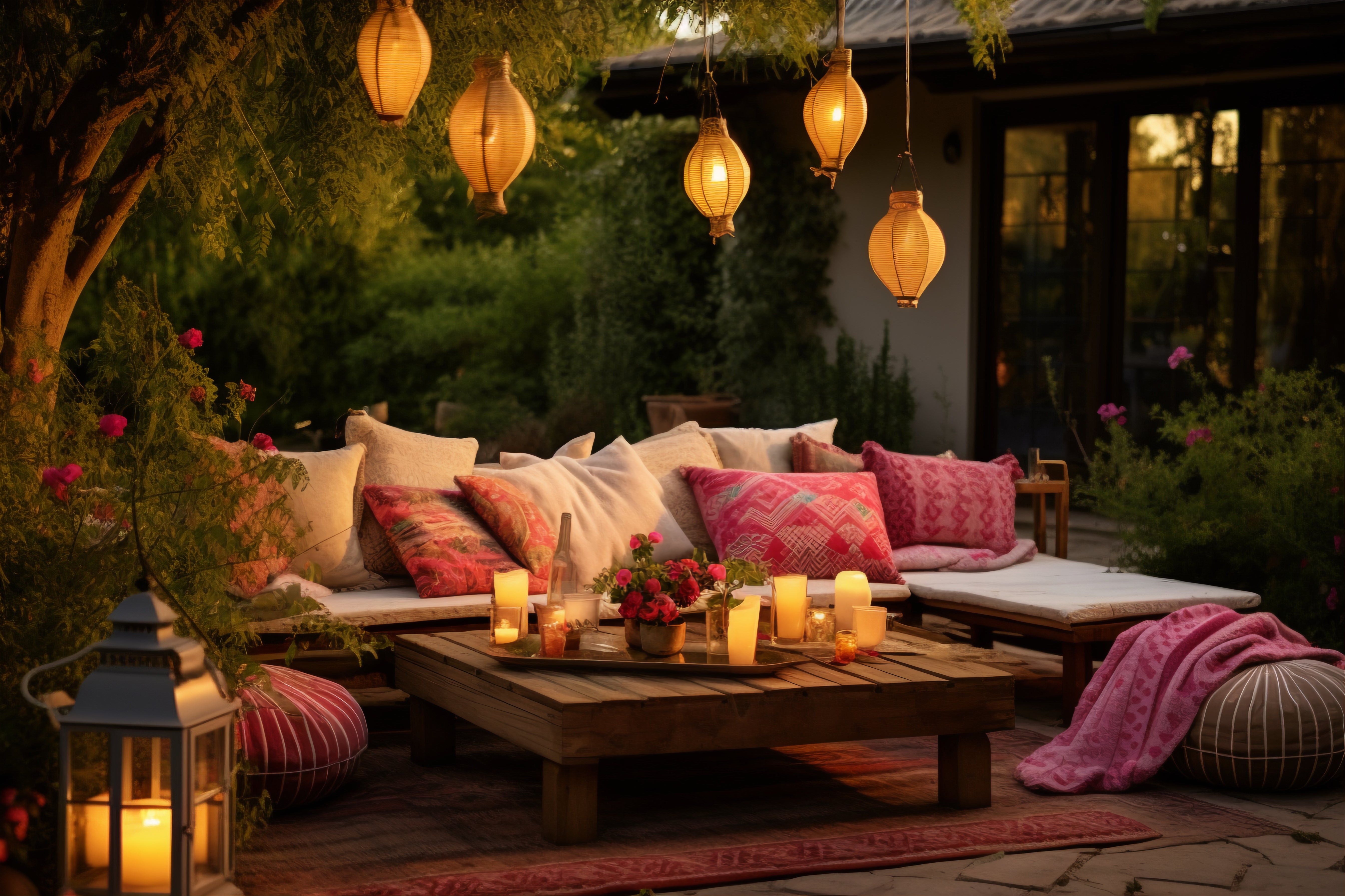 Outdoor patio setting with a couch, coffee table, and hanging lanterns in a garden.