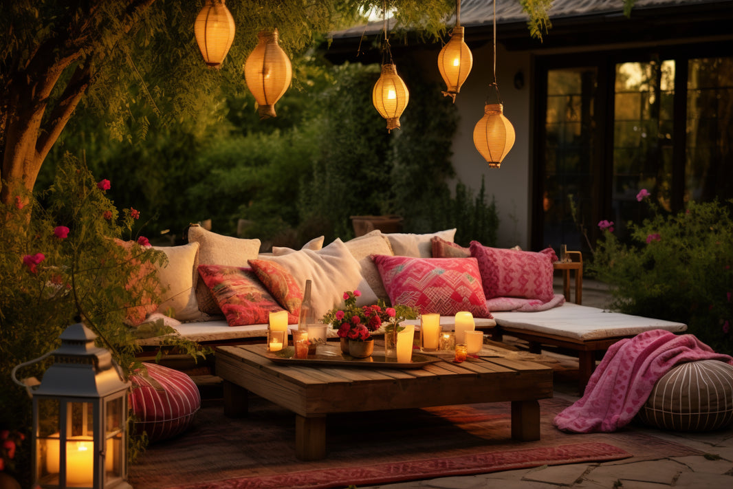 Outdoor patio setting with a couch, coffee table, and hanging lanterns in a garden.
